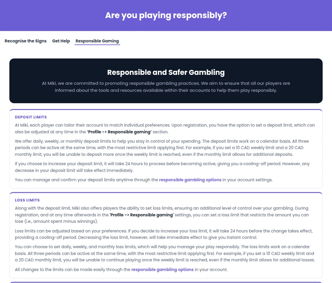 Miki Ontario responsible gaming page explaining daily, weekly and monthly deposit and loss limits and the 24-hour wait on increases