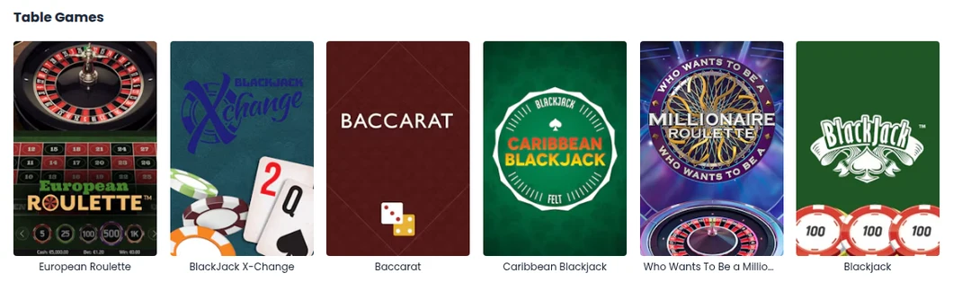 Miki Ontario Table Games shelf with European Roulette, BlackJack X-Change, Baccarat, Caribbean Blackjack, Who Wants To Be a Millionaire Roulette and Blackjack