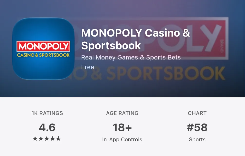 MONOPOLY Casino & Sportsbook on the Canadian App Store on 15 October 2026: 4.6 from 1K ratings, number 58 in the Sports chart, published by Bally's Interactive