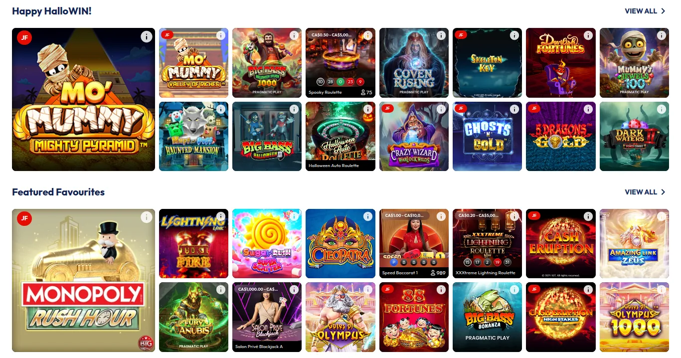 The MONOPOLY Casino Ontario lobby read from Toronto on 15 October 2026: the Happy HalloWIN! and Featured Favourites rows, with MONOPOLY Rush Hour, Cleopatra and live tables