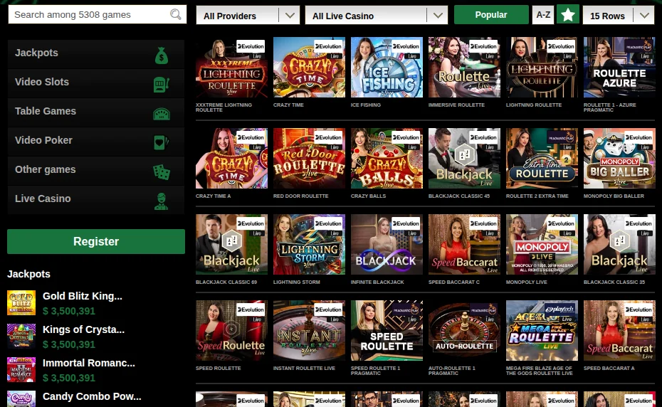 The Mr Vegas Ontario live casino on 15 October 2026: Evolution and Pragmatic Play tables, including XXXtreme Lightning Roulette, Crazy Time, Ice Fishing and Monopoly Big Baller