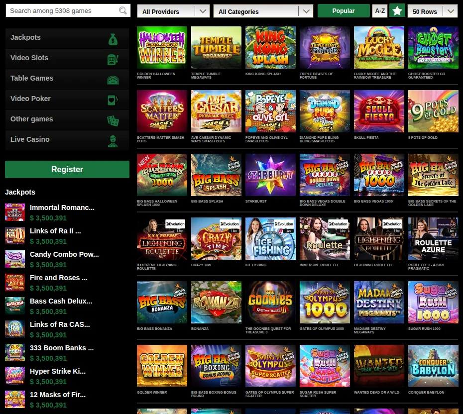 The Mr Vegas Ontario lobby read from Toronto on 15 October 2026: the “Search among 5308 games” box, the games grid and the Jackpots column with pots of $3,500,391