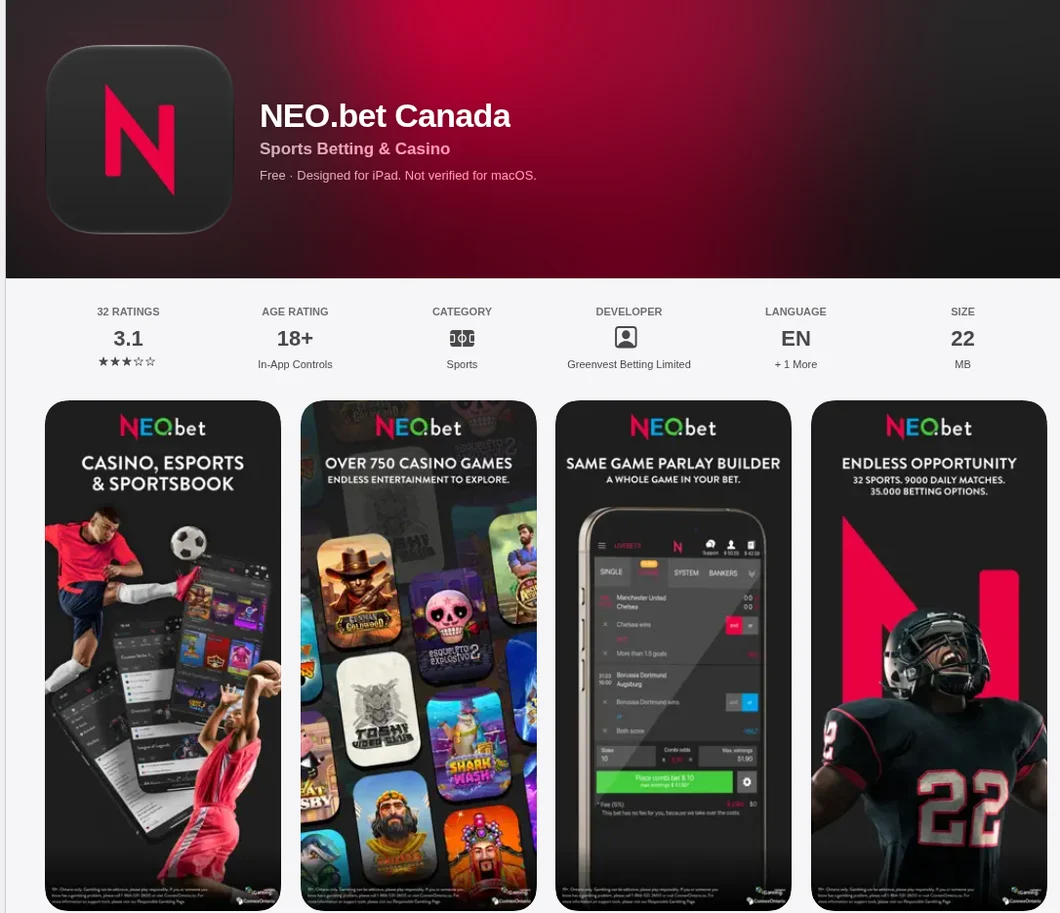The NEO.bet Canada app on the Canadian App Store, October 2026: rated 3.1 from 32 ratings, 22 MB
