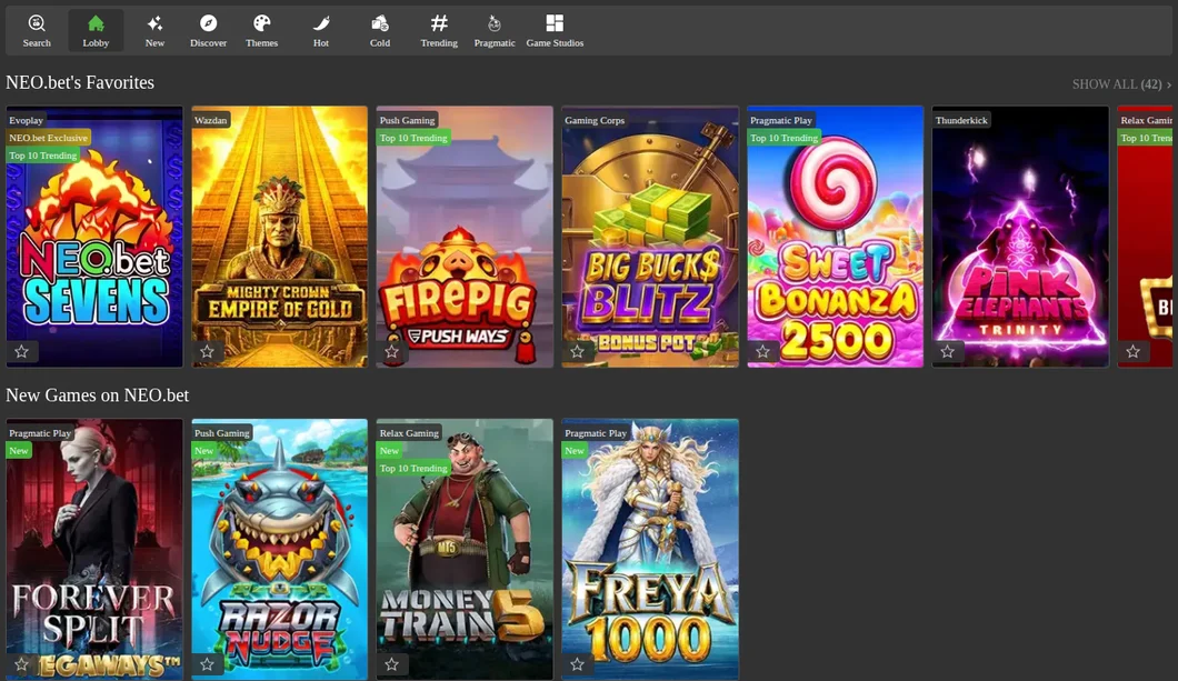The NEO.bet Ontario casino lobby read from Toronto: Search, New, Discover, Themes, Hot, Cold, Trending and Game Studios tabs above NEO.bet's Favorites