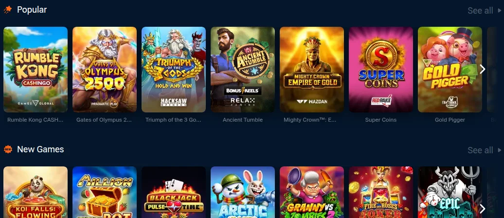 Pinnacle Casino Ontario lobby: Popular and New Games rows with Rumble Kong Cashingo, Gates of Olympus 2500 and Blackjack Pulse Time
