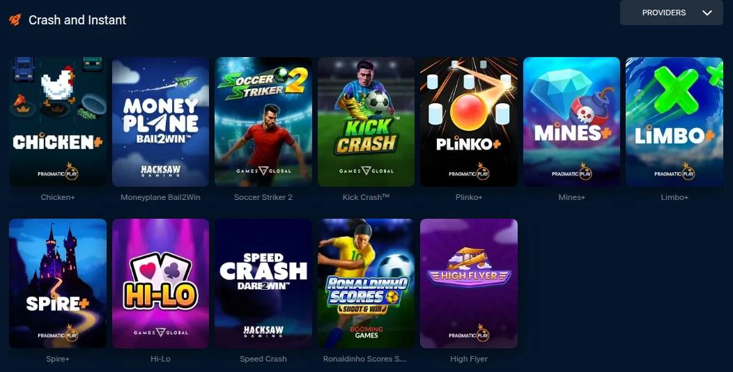Crash and Instant category in Pinnacle's Ontario casino with Chicken+, Plinko+, Mines+, Limbo+, Speed Crash and High Flyer