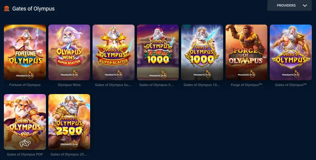 Gates of Olympus shelf in Pinnacle's Ontario casino with nine Pragmatic Play versions, including Gates of Olympus POP and Gates of Olympus 2500