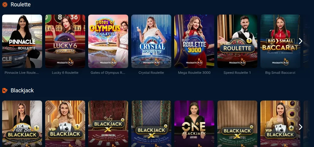 Pinnacle Ontario live casino roulette and blackjack rows from Pragmatic Play Live, including Pinnacle Live Roulette, Mega Roulette 3000 and ONE Blackjack