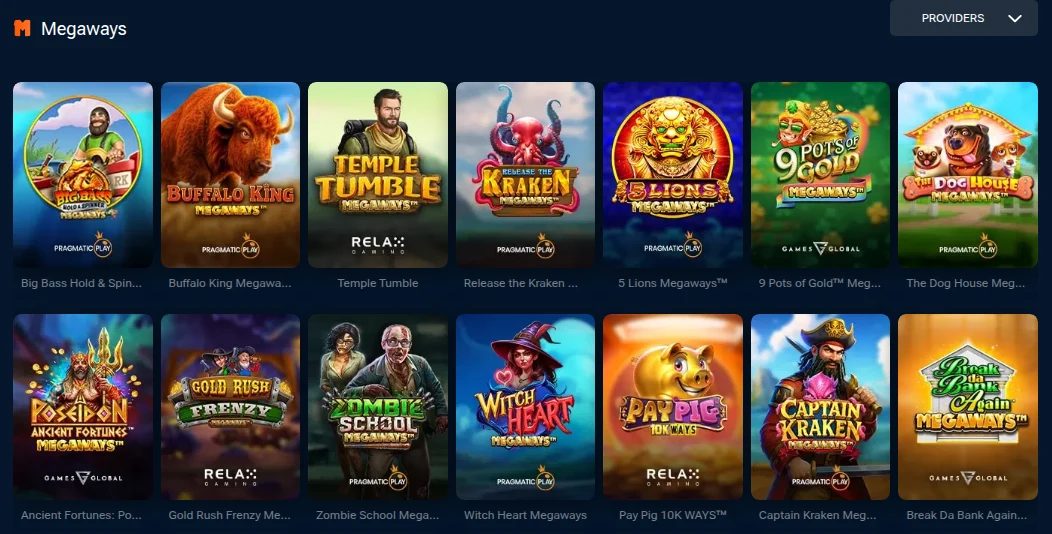 Megaways category in Pinnacle's Ontario casino with Big Bass Hold and Spinner, Buffalo King, Temple Tumble and Pay Pig 10K Ways tiles