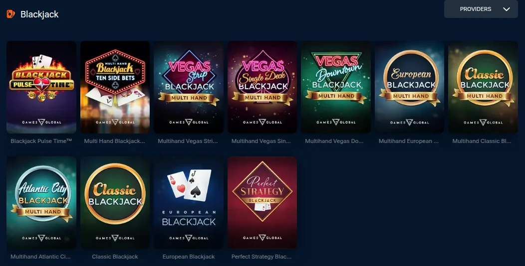 Blackjack category in Pinnacle's Ontario casino with 11 RNG games, including Perfect Strategy Blackjack, Classic Blackjack and Blackjack Pulse Time