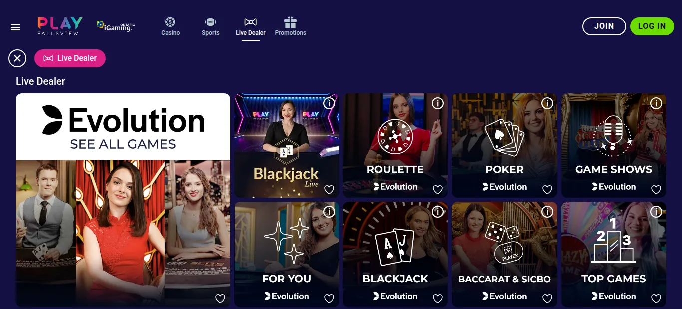 The PlayFallsview Ontario Live Dealer page on 15 October 2026: Evolution lobbies and the PlayFallsview Blackjack table