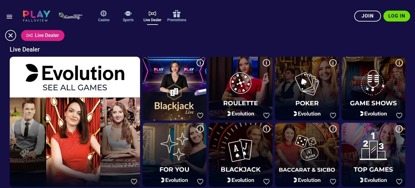 The PlayFallsview Ontario Live Dealer page: Evolution lobbies and the PlayFallsview Blackjack table