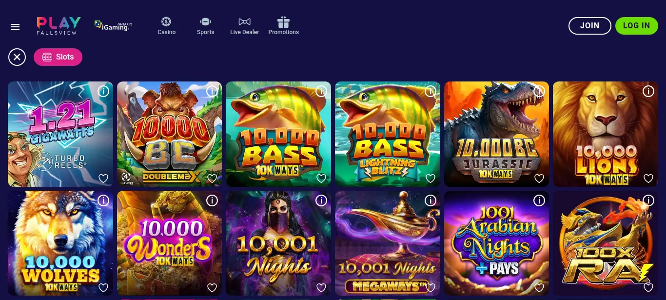 The Slots page at PlayFallsview Ontario, read from Toronto on 15 October 2026: 1.21 Gigawatts, 10,000 BC, 10,000 Wonders, 10,001 Nights and other titles