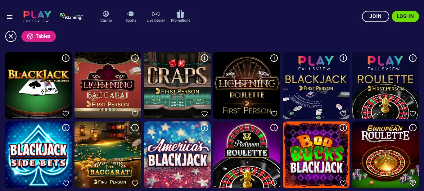 PlayFallsview Ontario table games on 15 October 2026, including PlayFallsview First Person Blackjack and Roulette
