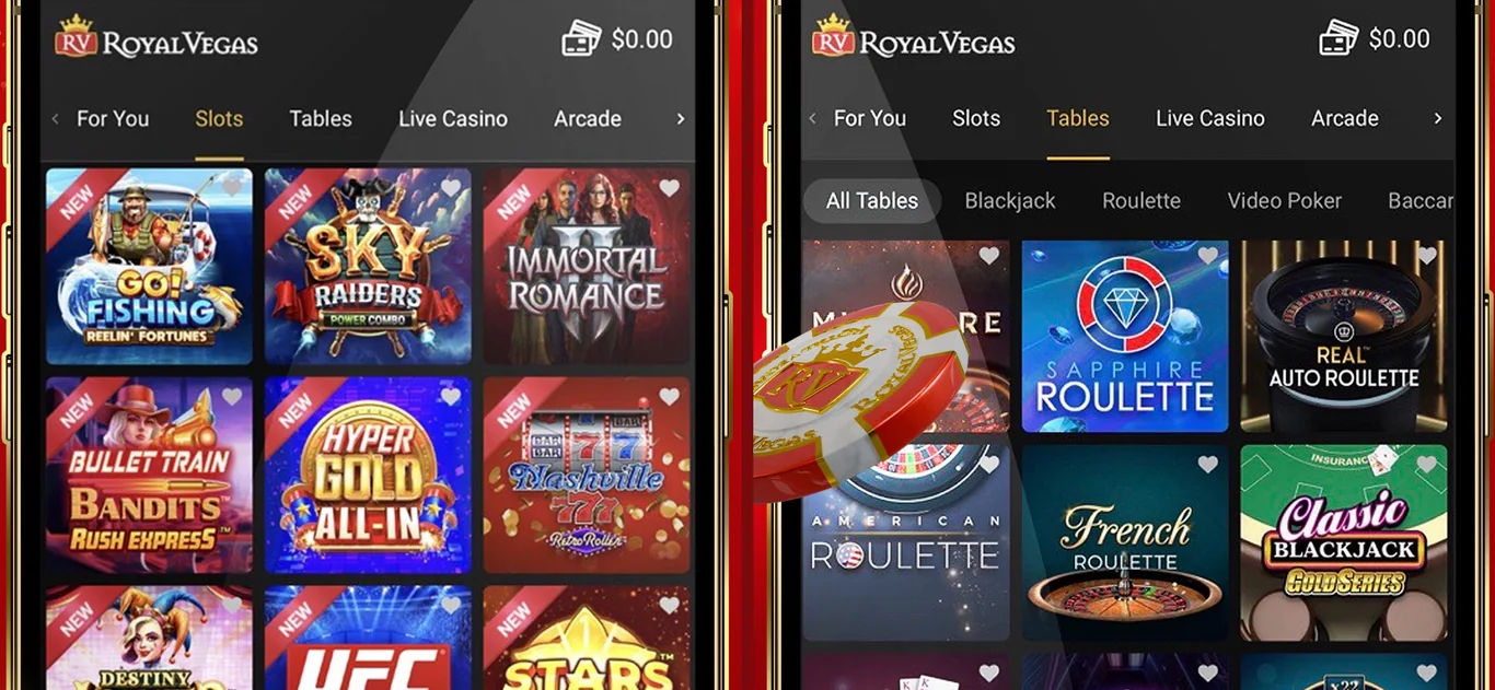 The Royal Vegas Ontario app in the screenshots Cadtree Limited publishes on the Canadian App Store: the Slots tab and the Tables tab, with For You, Slots, Tables, Live Casino and Arcade sections and All Tables, Blackjack, Roulette and Video Poker filters