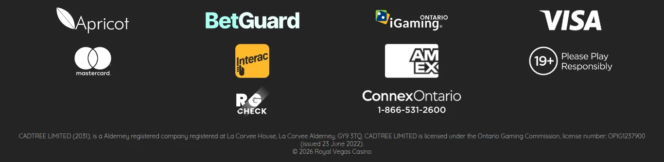 The Royal Vegas Ontario footer read from Toronto on 15 October 2026: Cadtree Limited, licence OPIG1237900 issued 23 June 2022, with the BetGuard, iGaming Ontario and RG Check marks
