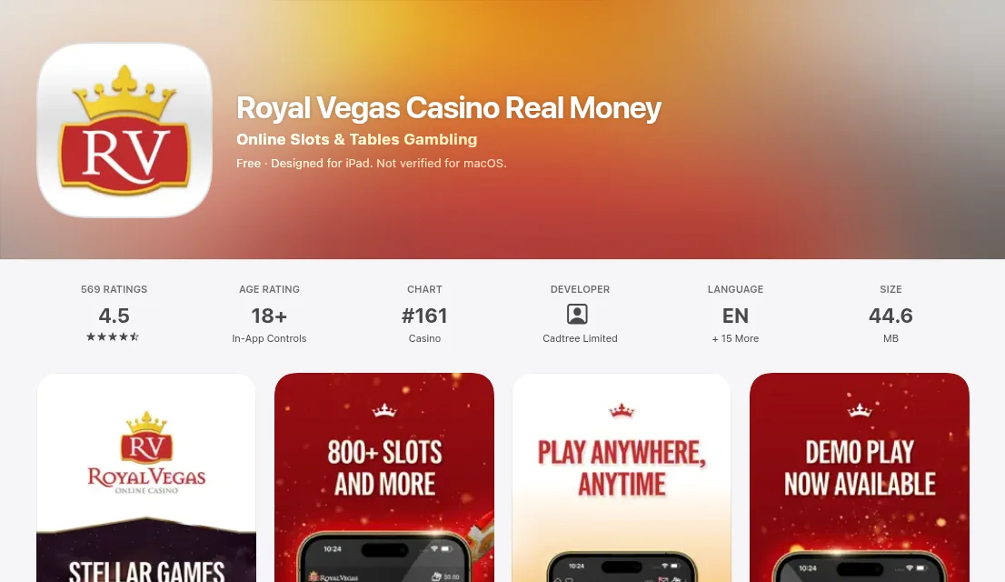Royal Vegas Casino Real Money on the Canadian App Store, read from Toronto on 15 October 2026: 4.5 from 569 ratings, number 161 in the Casino chart, published by Cadtree Limited