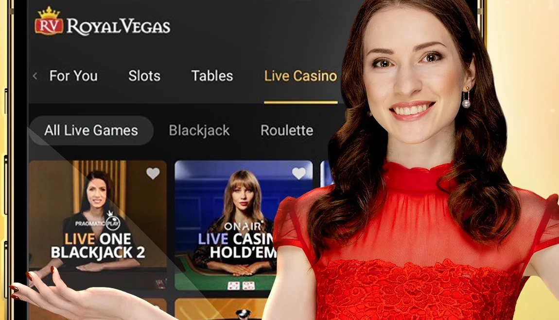 The Live Casino tab of the Royal Vegas Ontario app, with Pragmatic Play Live One Blackjack 2 and On Air Live Casino Hold’em tables, from the operator’s Canadian App Store screenshots