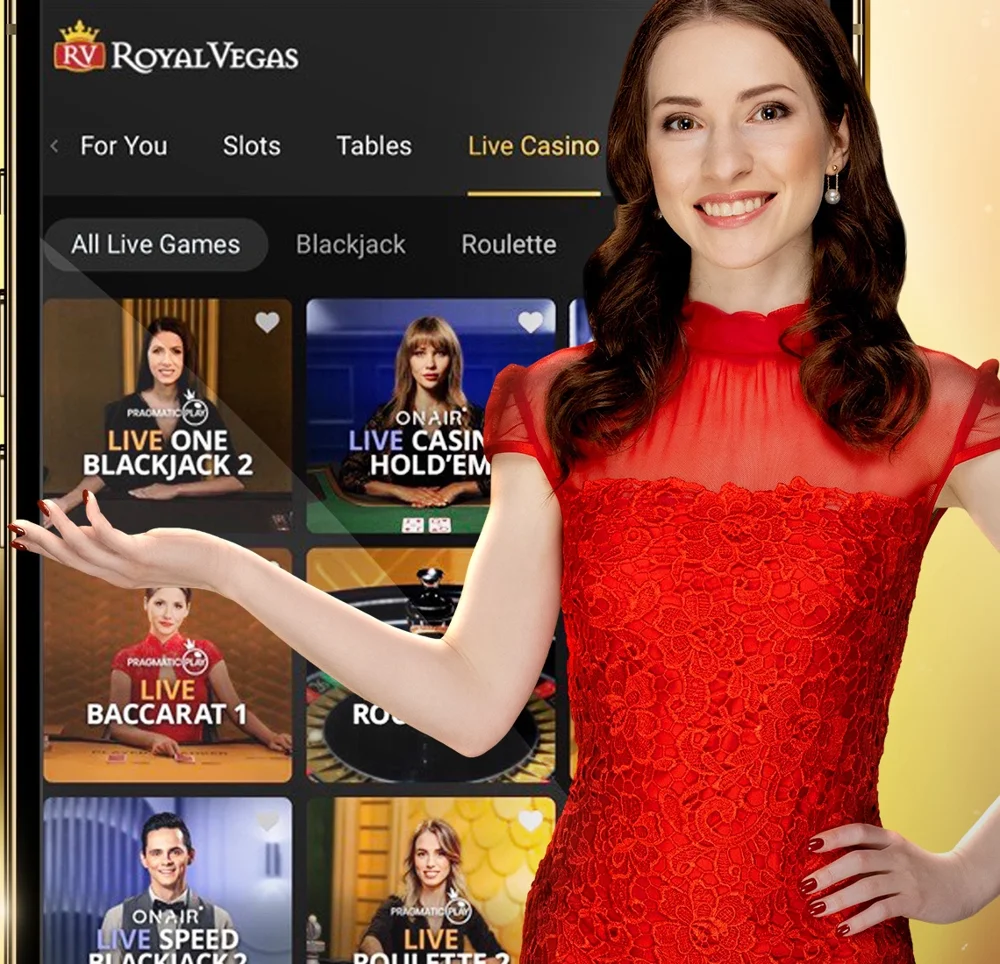 The Live Casino tab of the Royal Vegas Ontario app, with Pragmatic Play Live and On Air tables