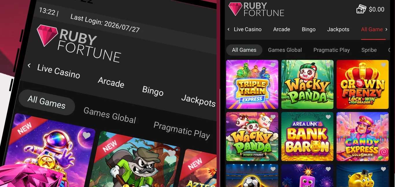 The Ruby Fortune Ontario lobby in the screenshots Cadtree Limited publishes on the Canadian App Store: Live Casino, Arcade, Bingo, Jackpots and All Games tabs, with Games Global, Pragmatic Play and Spribe filters