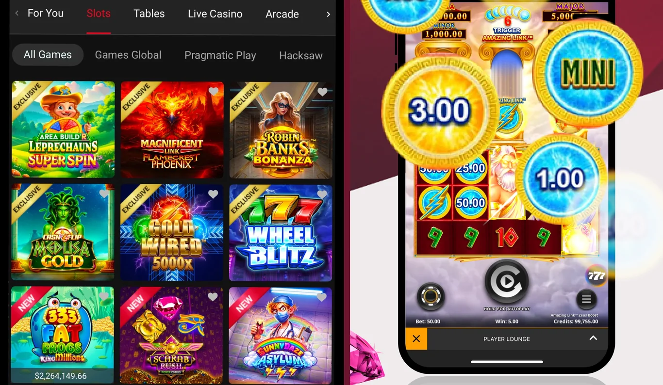 Ruby Fortune Ontario slots in the operator’s App Store screenshots: the Slots tab with Exclusive titles including Area Build’R Leprechauns Super Spin, Magnificent Link Flamecrest Phoenix, Robin Banks Bonanza, Cash Flip Medusa Gold, Gold Wired 5000x and Wheel Blitz, and a hold-and-win slot in play