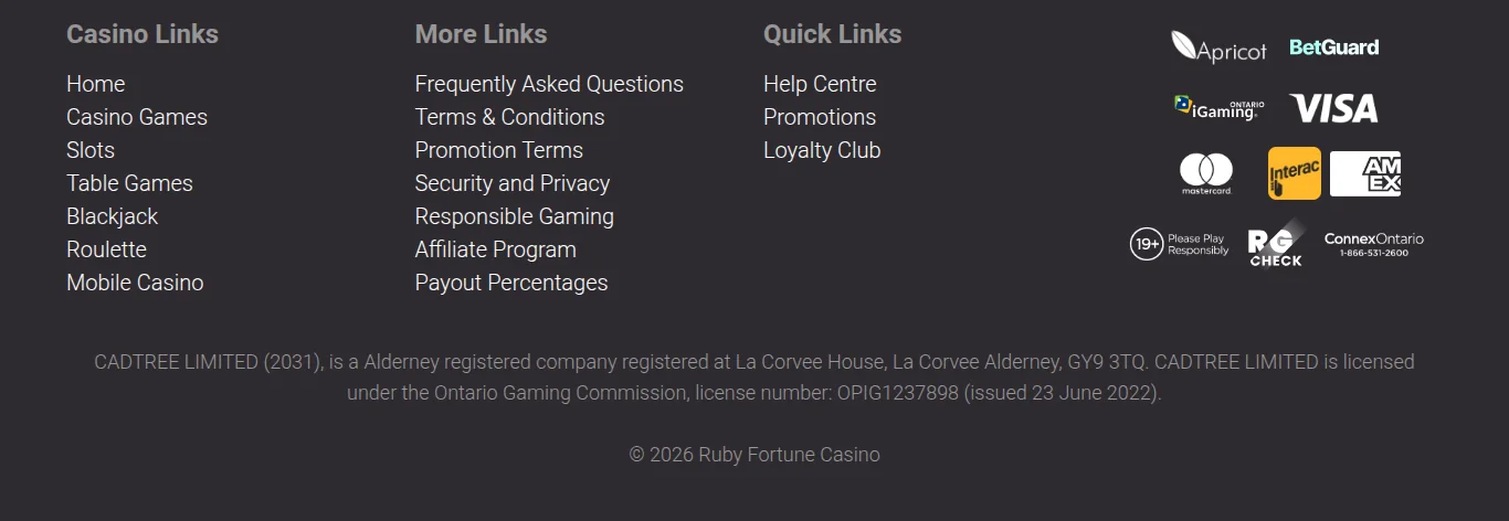 The Ruby Fortune Ontario footer read from Toronto on 15 October 2026: Cadtree Limited, registration OPIG1237898 issued 23 June 2022, with the BetGuard, iGaming Ontario and RG Check seals