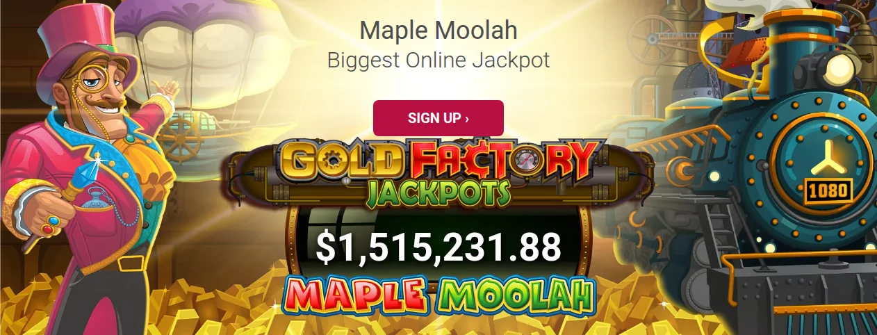 The Maple Moolah jackpot on the Ruby Fortune Ontario home page, captured from Toronto on 15 October 2026: $1,515,231.88, promoted with Gold Factory Jackpots