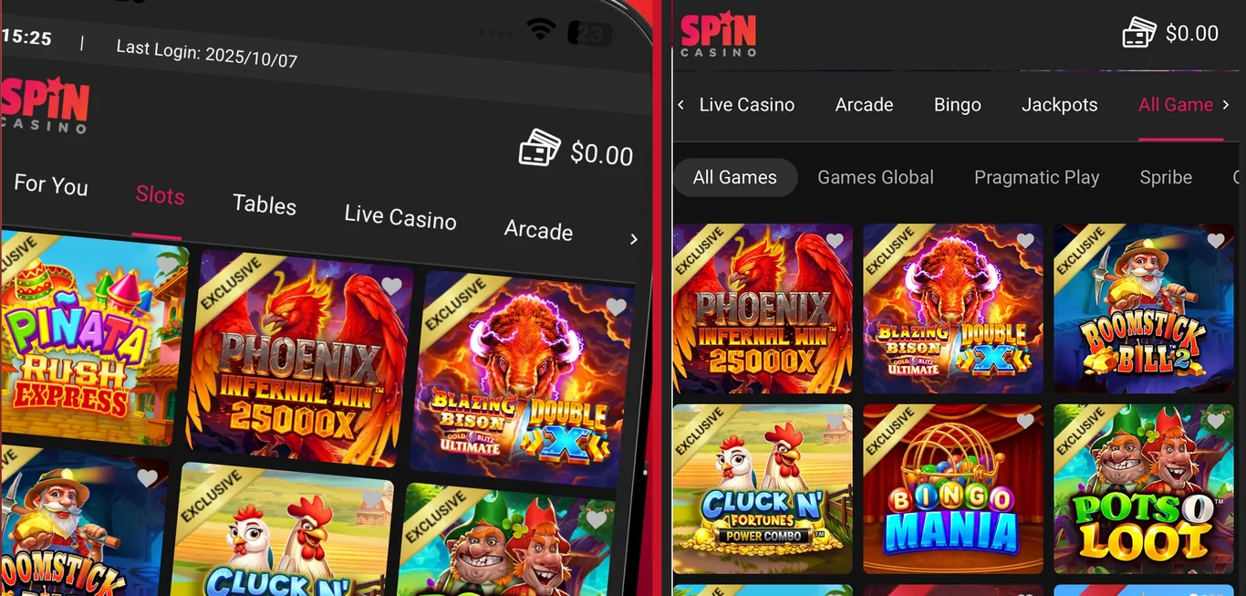 The Spin Casino Ontario app in the screenshots Cadtree Limited publishes on the Canadian App Store: the Slots tab and the All Games view, with Exclusive slots such as Phoenix Infernal Win 25000X, Blazing Bison Gold Blitz Ultimate Double X and Cluck N’ Fortunes Power Combo, and Games Global, Pragmatic Play and Spribe filters