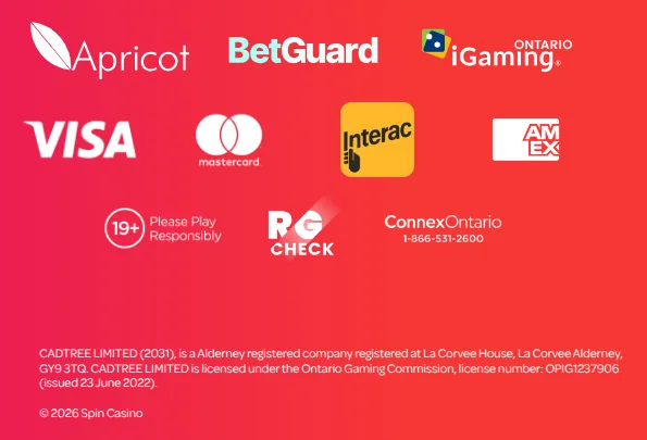 The Spin Casino Ontario footer read from Toronto on 15 October 2026: Cadtree Limited, licence OPIG1237906 issued 23 June 2022, with the BetGuard, iGaming Ontario and RG Check marks