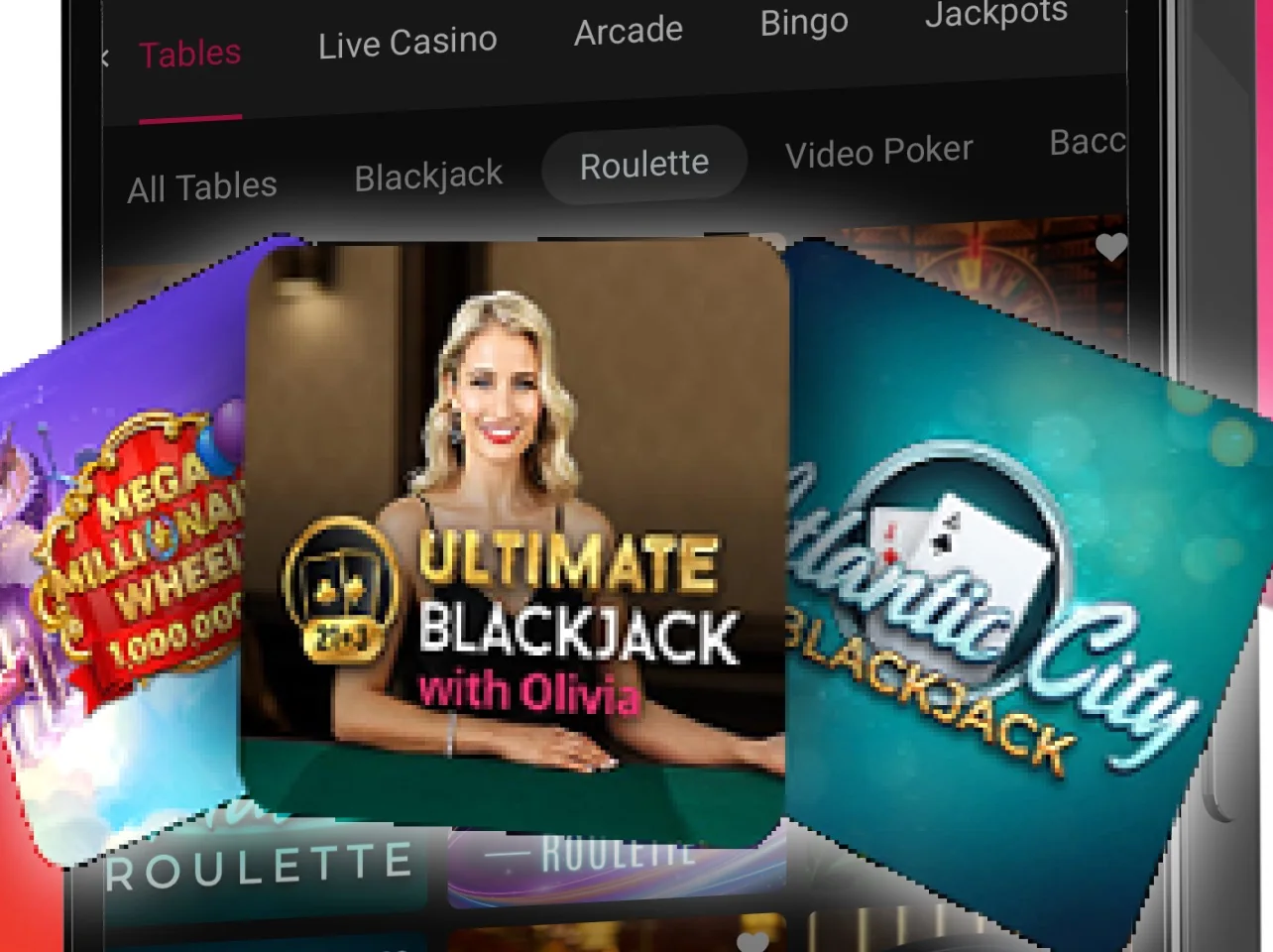 The Tables tab of the Spin Casino Ontario app with the Roulette filter, showing Ultimate Blackjack with Olivia, Atlantic City Blackjack and Mega Millionaire Wheel, from the operator’s Canadian App Store screenshots