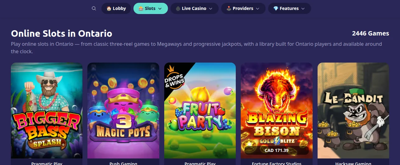 The SpinAway Ontario slots lobby read from Toronto in October 2026, showing 2,446 games with the studio named under each tile