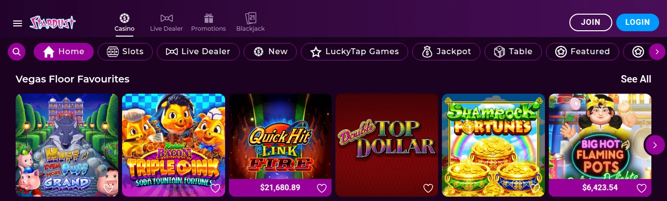 The Stardust Ontario casino lobby read from Toronto on 15 October 2026: the category bar and the Vegas Floor Favourites row, with Quick Hit Link Fire, Double Top Dollar and Big Hot Flaming Pots