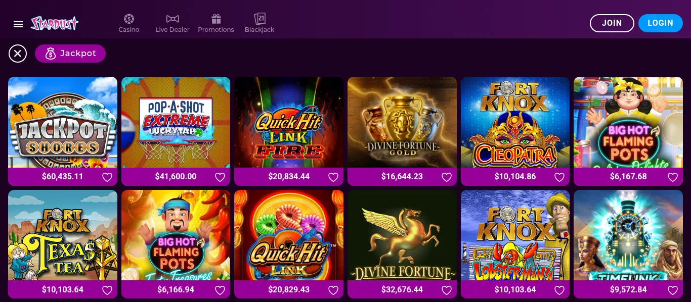 The Jackpot section of the Stardust Ontario lobby on 15 October 2026: Jackpot Shores, Quick Hit Link, Divine Fortune and Fort Knox with live jackpot values