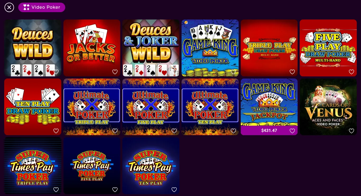 The Video Poker section of Stardust Ontario on 15 October 2026: Deuces Wild, Game King, Ultimate X and Super Times Pay