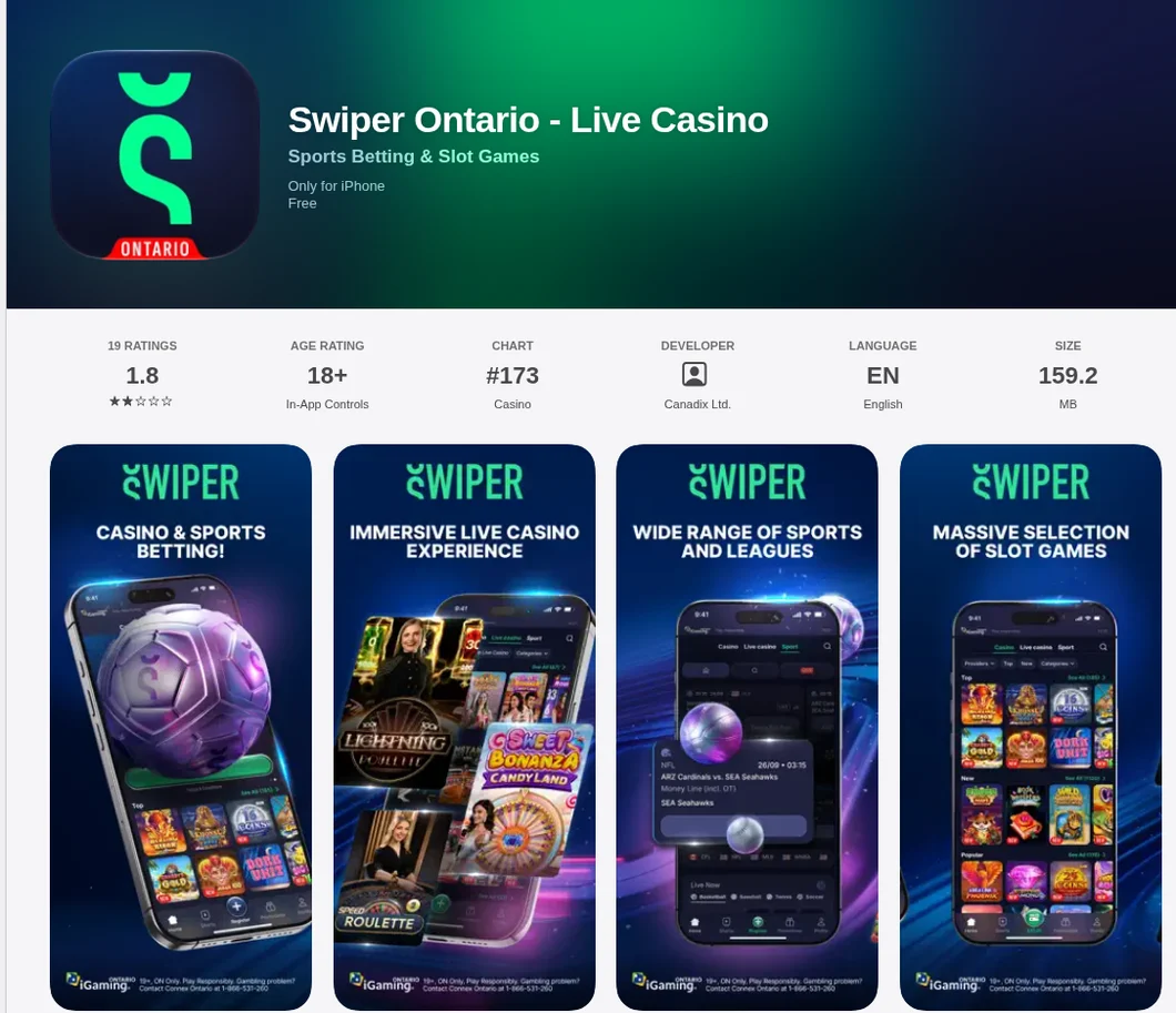 The Swiper Ontario – Live Casino app on the Canadian App Store, October 2026: rated 1.8 from 19 ratings, 159.2 MB