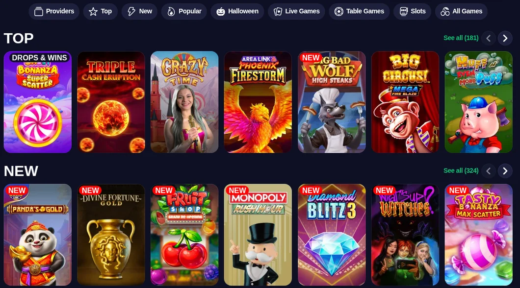 The Swiper Ontario casino lobby read from Toronto: Top, New and Popular rows with Providers, Live Games, Table Games and Slots tabs