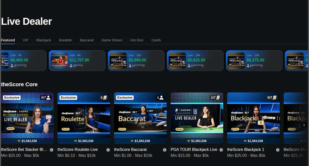 The theScore Casino Ontario live dealer lobby read from Toronto: theScore-branded exclusive blackjack, roulette and baccarat tables with seats and limits on each tile