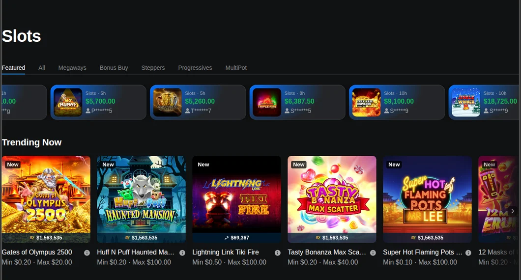 The theScore Casino Ontario slots lobby read from Toronto: Featured, Megaways, Bonus Buy, Steppers, Progressives and MultiPot tabs, recent wins and Trending Now
