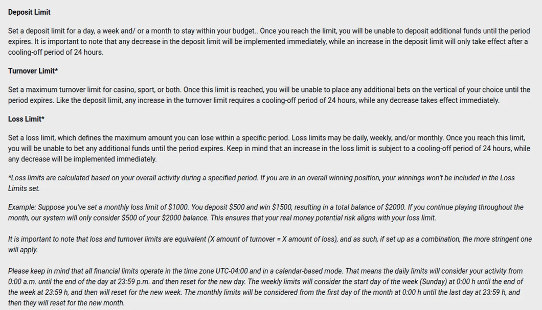 Titan Play Ontario responsible gaming page explaining deposit, turnover and loss limits and the UTC-04:00 calendar periods