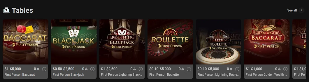 Titan Play Ontario Tables shelf with Evolution First Person Baccarat, Blackjack, Lightning Blackjack and Roulette and their limits