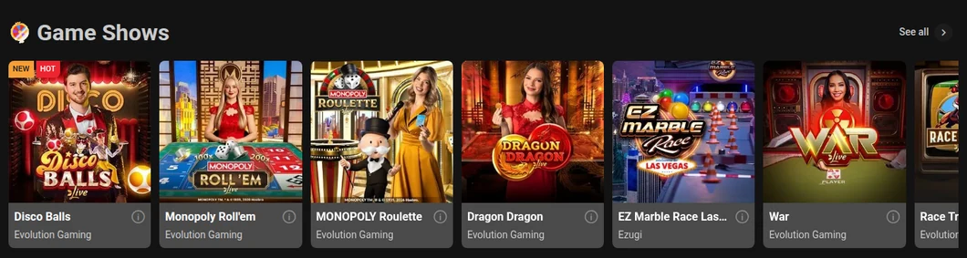 Titan Play Ontario Game Shows shelf with Disco Balls, Monopoly Roll'em, MONOPOLY Roulette, Dragon Dragon and EZ Marble Race