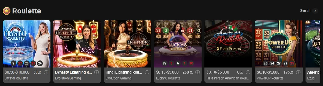 Titan Play Ontario live roulette shelf with Crystal Roulette, Dynasty Lightning Roulette, Lucky 6 Roulette and PowerUP Roulette
