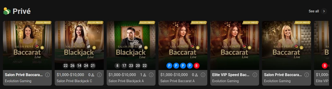 Titan Play Ontario Privé shelf with Evolution Salon Privé Blackjack and Baccarat tables at 1,000 to 10,000 dollars
