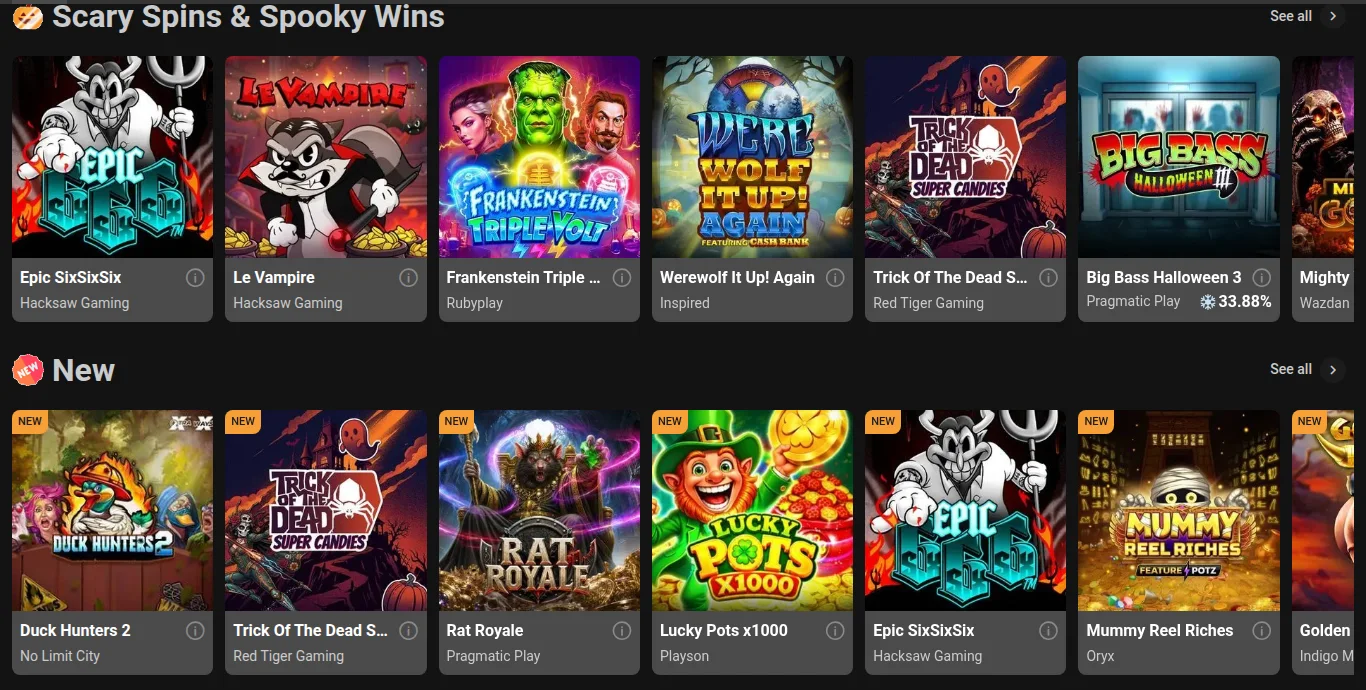 Titan Play Ontario casino lobby with seasonal slots and New games such as Duck Hunters 2, Rat Royale and Lucky Pots x1000