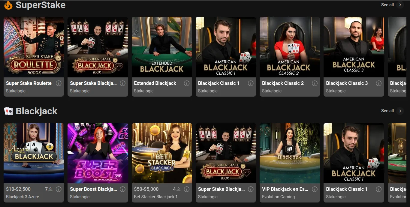Titan Play Ontario live casino with Stakelogic Super Stake tables and Evolution and Pragmatic blackjack