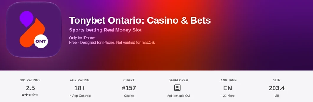 Tonybet Ontario: Casino & Bets on the Canadian App Store: 2.5 from 101 ratings, published by Mobileminds OU, 203.4 MB