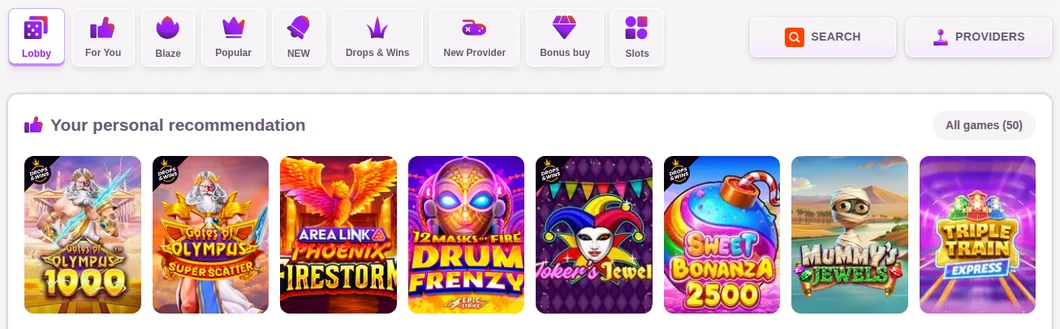 The TonyBet Ontario casino lobby: the category bar (Blaze, Popular, New, Bonus buy, Slots) and the first row of games