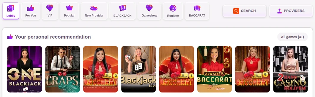 The TonyBet Ontario live casino: VIP, Blackjack, Gameshow, Roulette and Baccarat sections