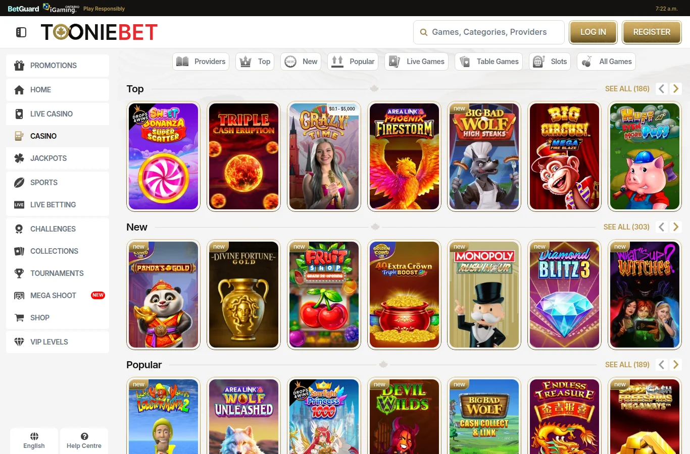 The ToonieBet Ontario casino lobby read from Toronto in October 2026, with its Top, New and Popular shelves and the provider filter
