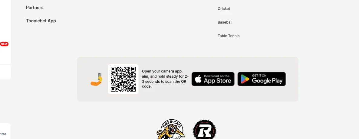 The ToonieBet Ontario footer with App Store and Google Play links and the Hamilton Tiger-Cats and Ottawa Redblacks crests